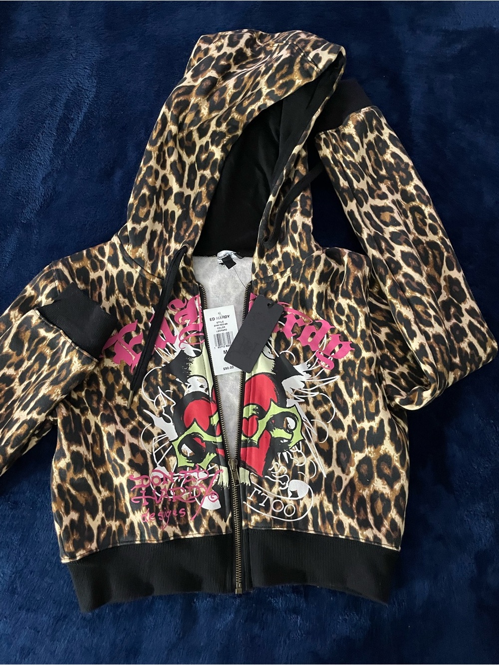 Ed Hardy women’s Leopard Print Hooded Zip crop Jacket with Pink & Red Graphic
